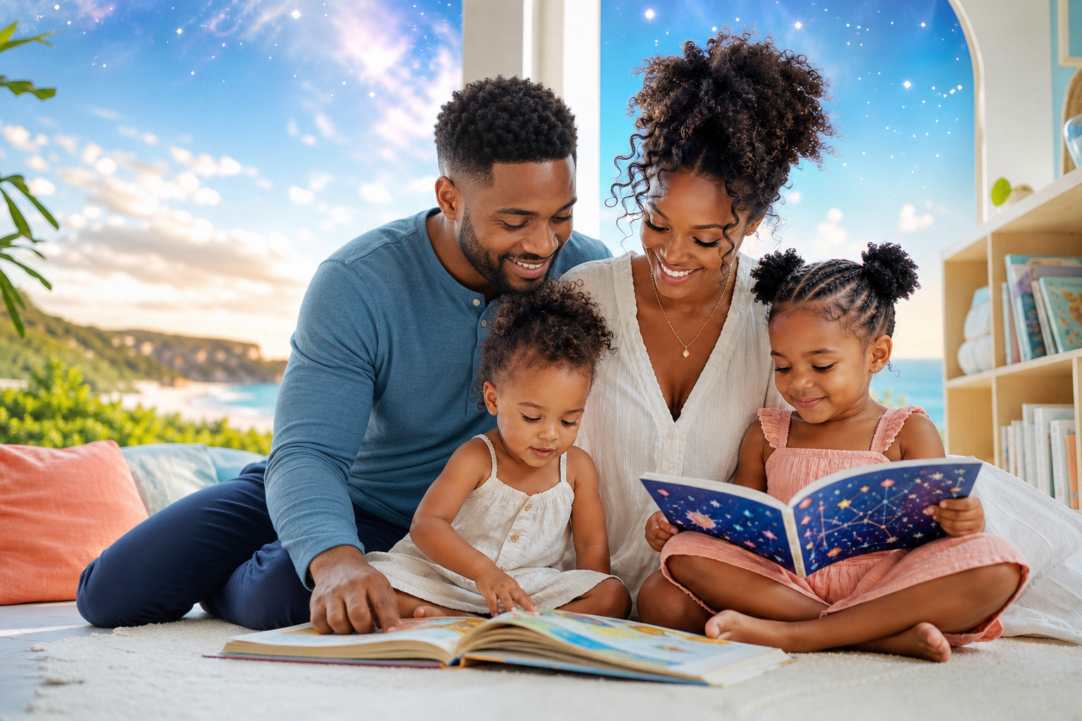 Black mother and father reading with two toddlers in a bright glass learning room above a turquoise coast beneath a vivid blue sky