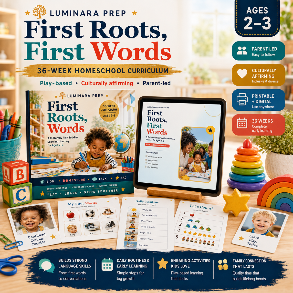 First Roots, First Words curriculum included in the Luminara Complete Early Learning Digital Bundle