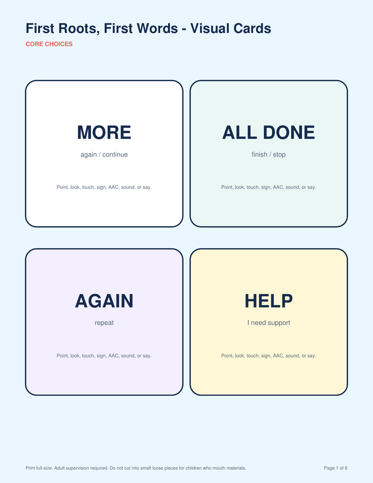 First Roots First Words core visual communication cards