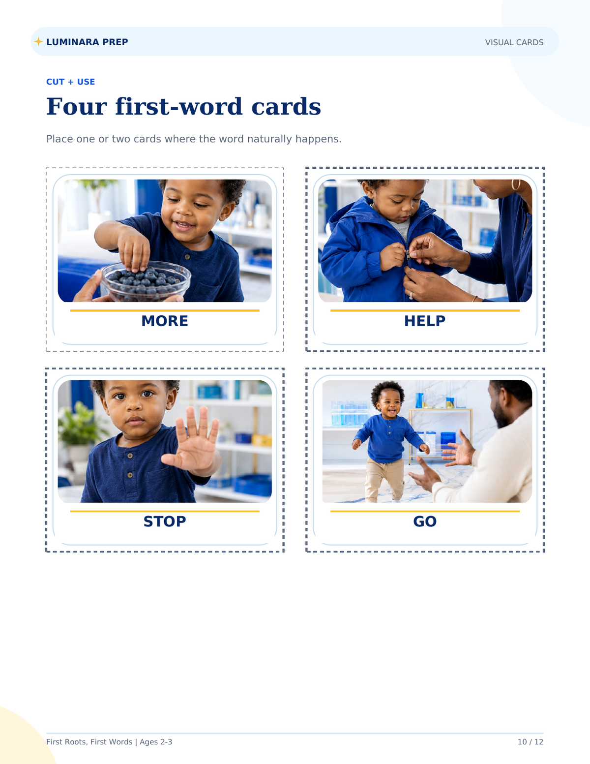 First word visual cards included in the Bright Start free sampler
