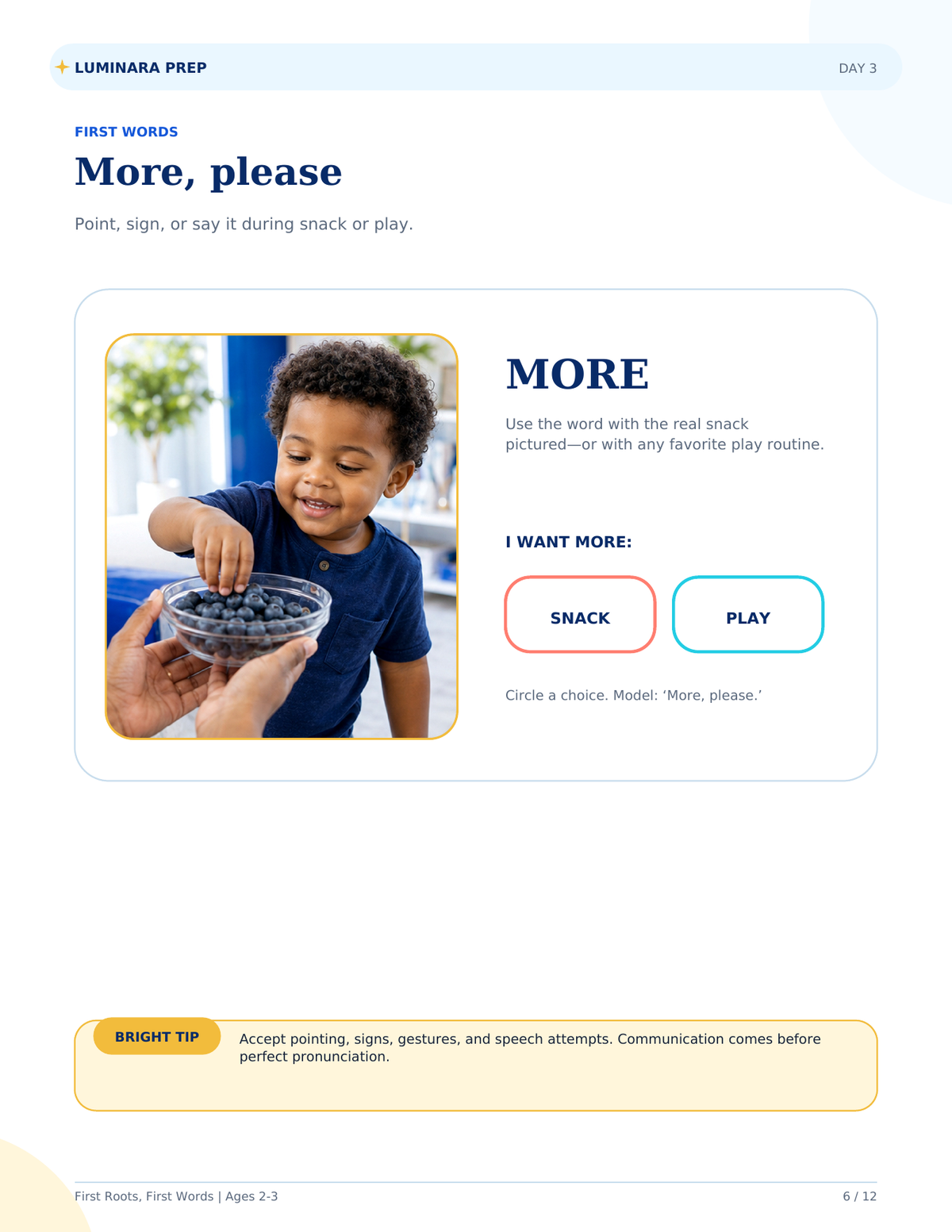 More Please communication activity from the Bright Start free sampler