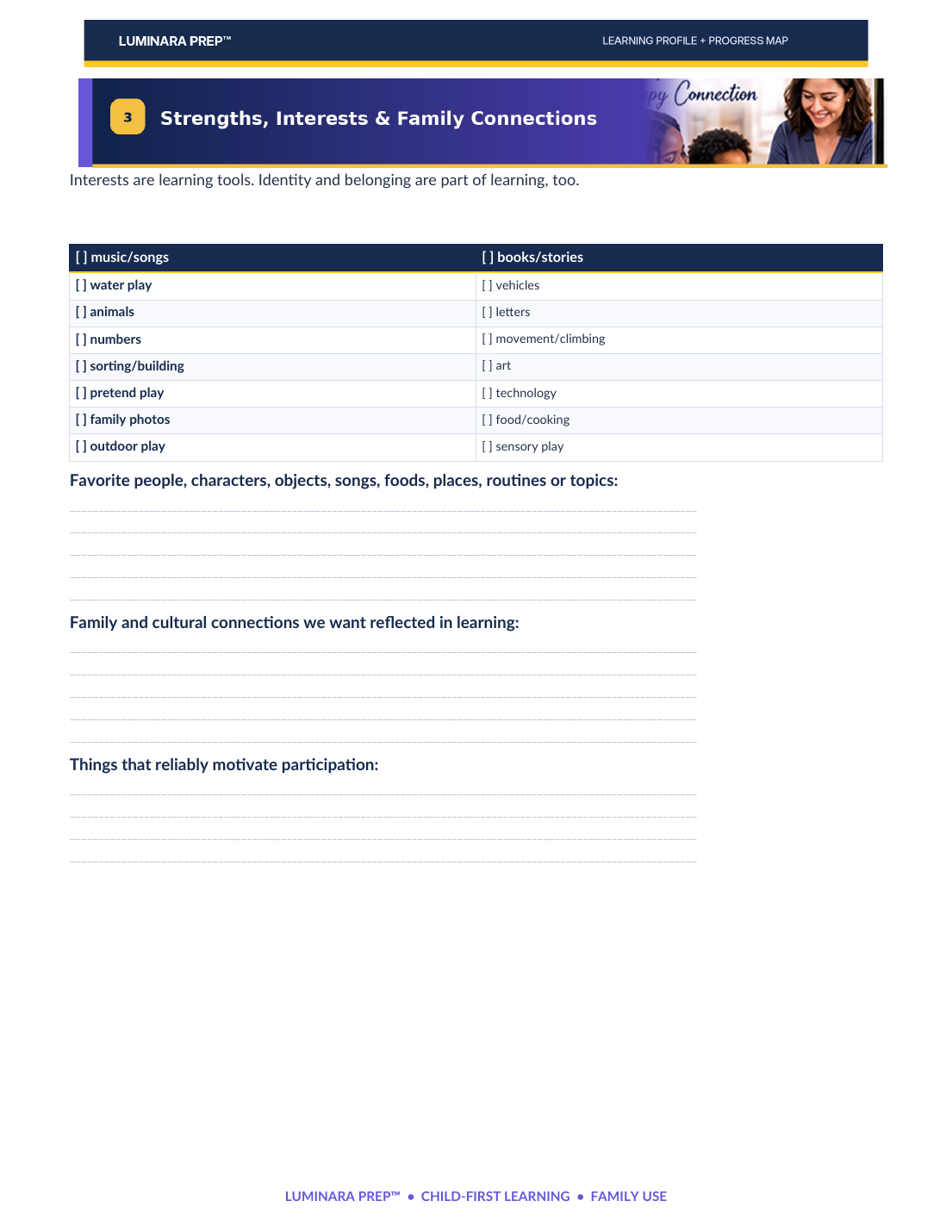 Luminara Learning Profile inclusive strengths and family connections preview