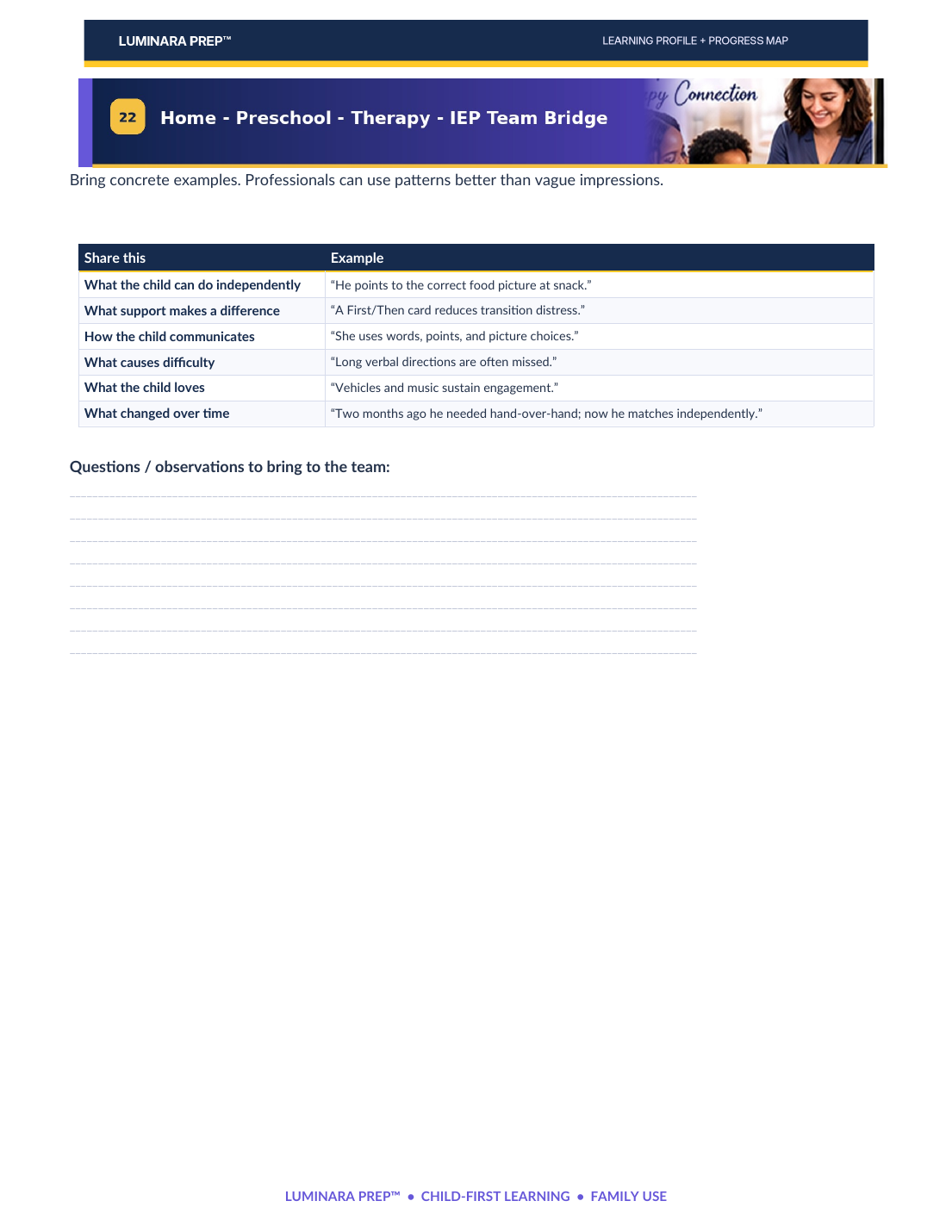 Luminara Learning Profile inclusive home preschool therapy and IEP team preview