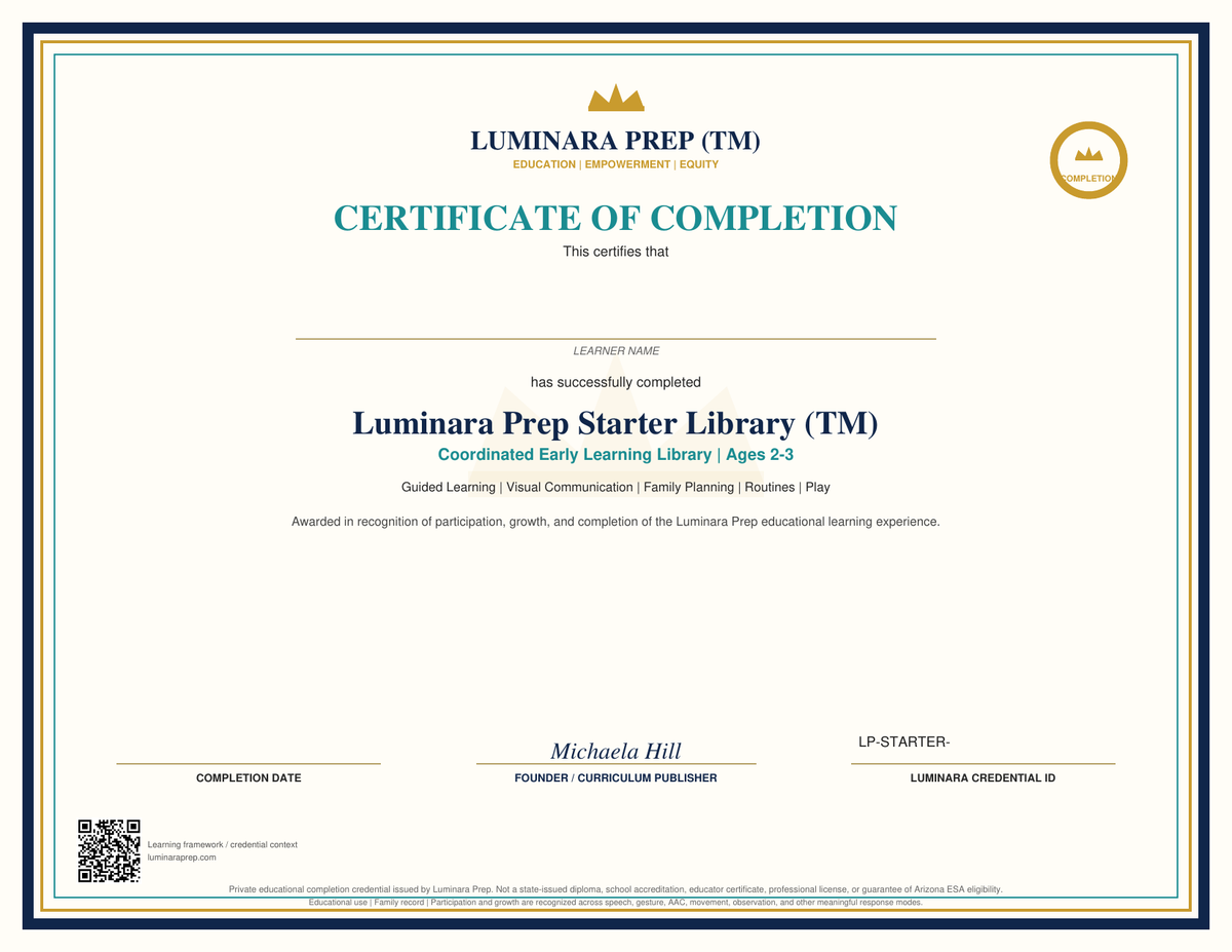 Luminara Prep Starter Library certificate of completion included