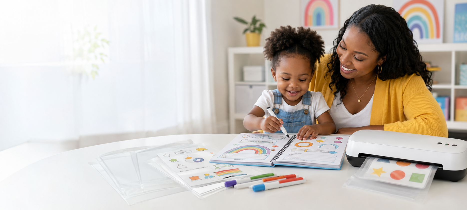Black mother and young child using reusable learning pages beside a laminator and dry-erase markers