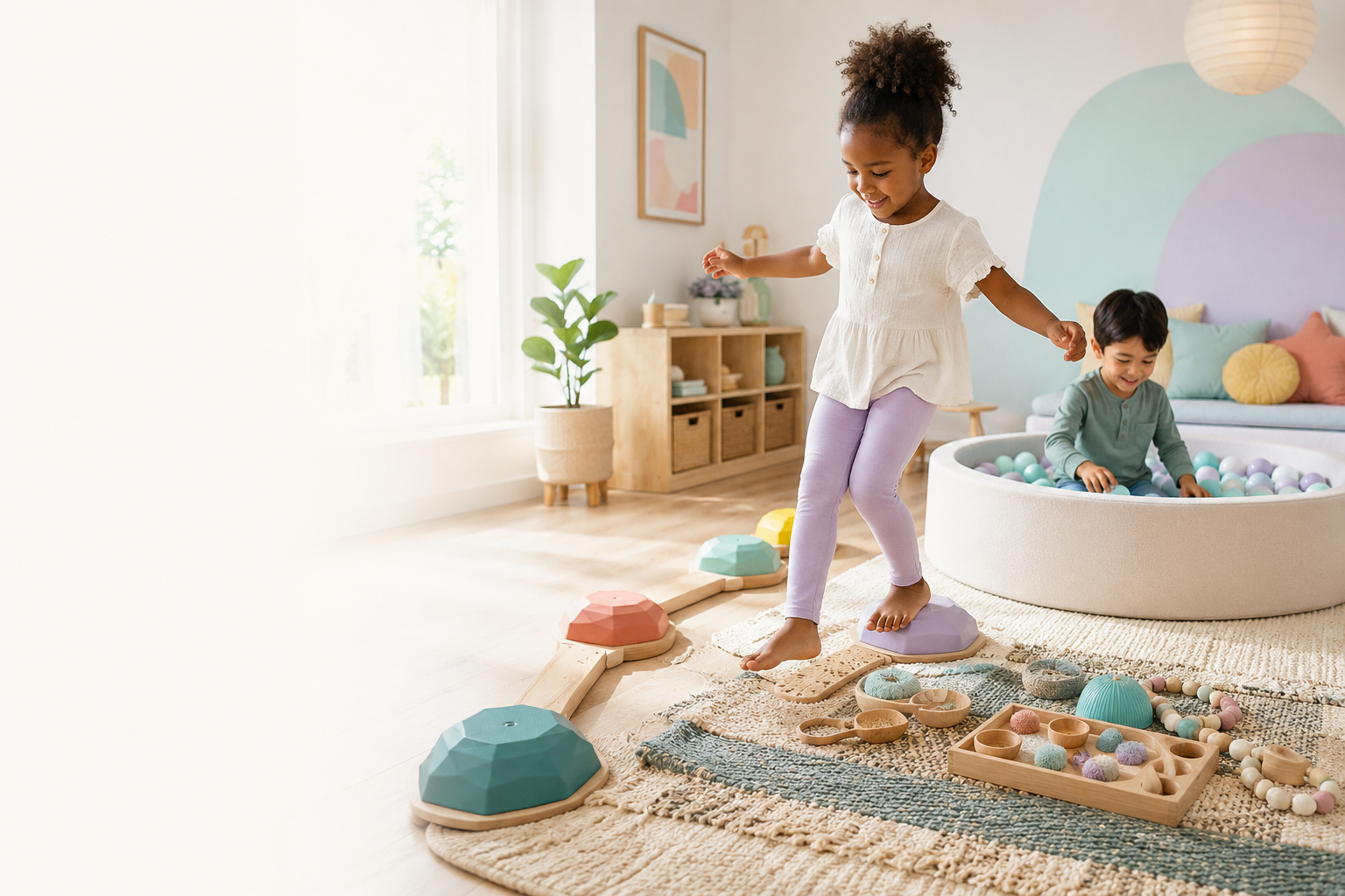 Children using a balance path, textured play mats, fine-motor materials, and a soft ball pit in a bright family playroom