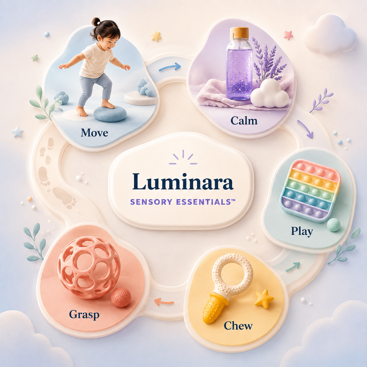 Luminara Sensory Essentials pathway showing Move, Calm, Play, Grasp, and Chew support categories