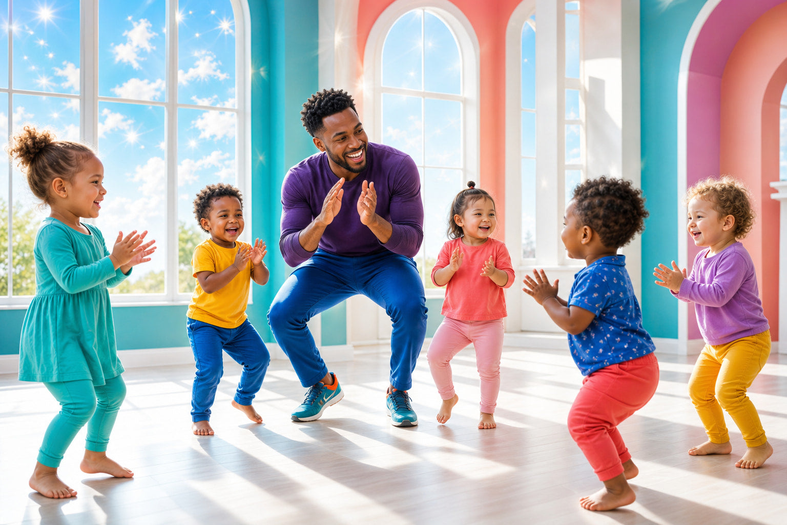 Illustrative Black adult guiding a diverse group of young children as they clap and move together in a bright learning room