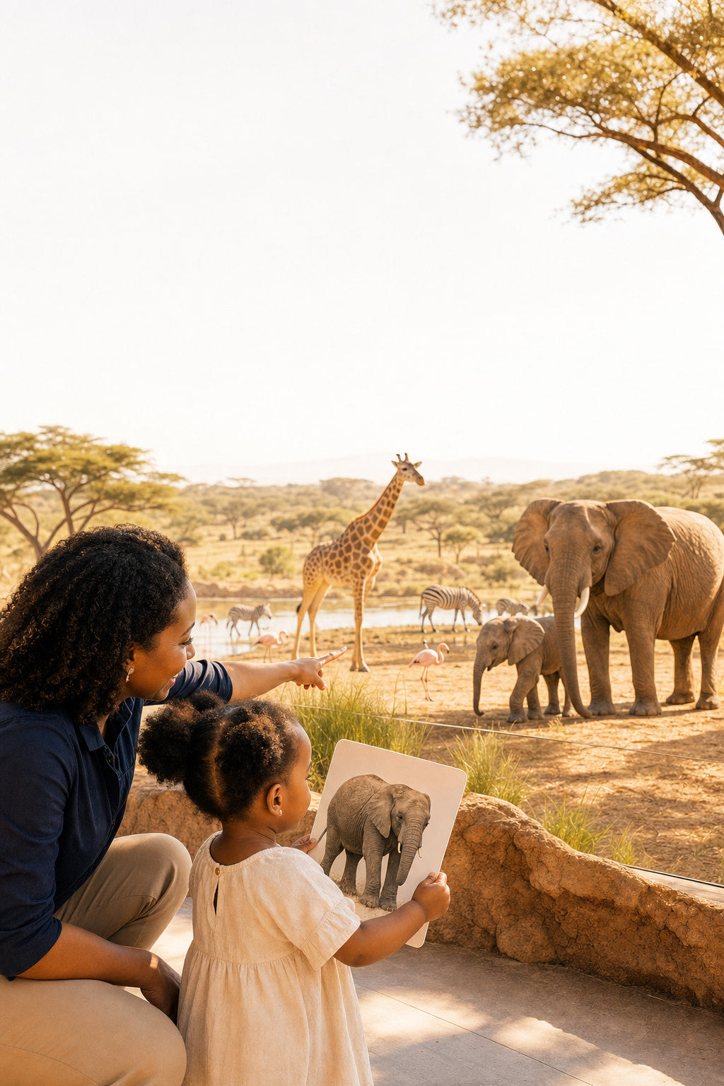 Black mother and toddler observing giraffes, elephants, zebras, and flamingos together from a protected viewing area