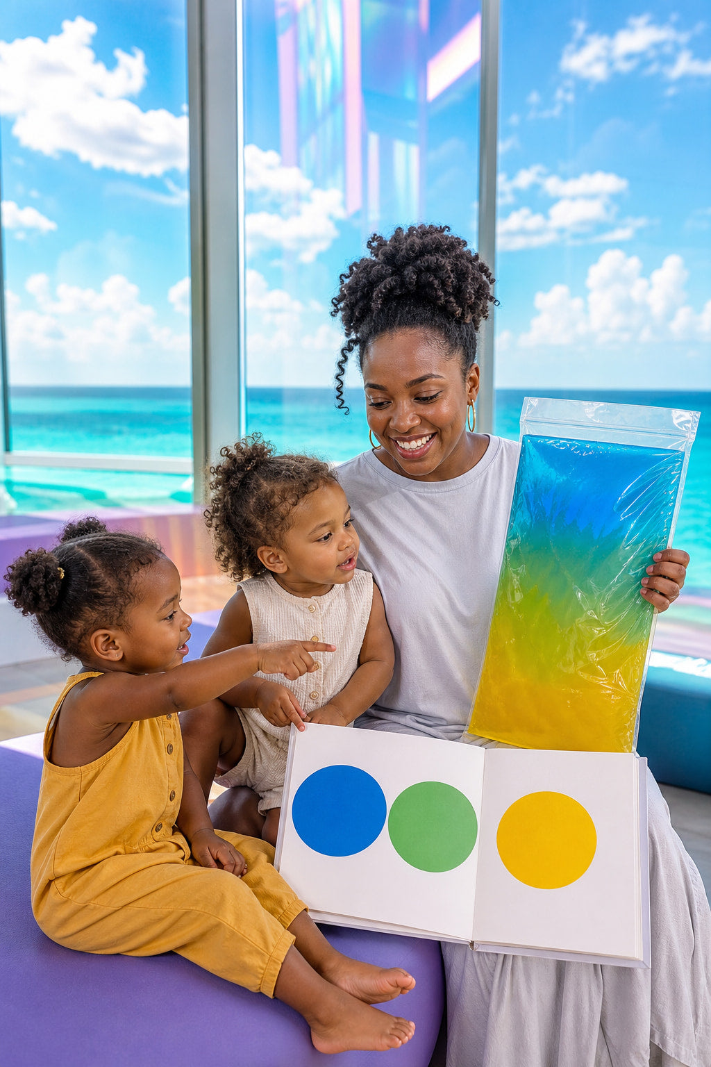 Illustrative Black caregiver holding a large sealed color-mixing pouch while two toddlers point and observe beside an oversized bound color book
