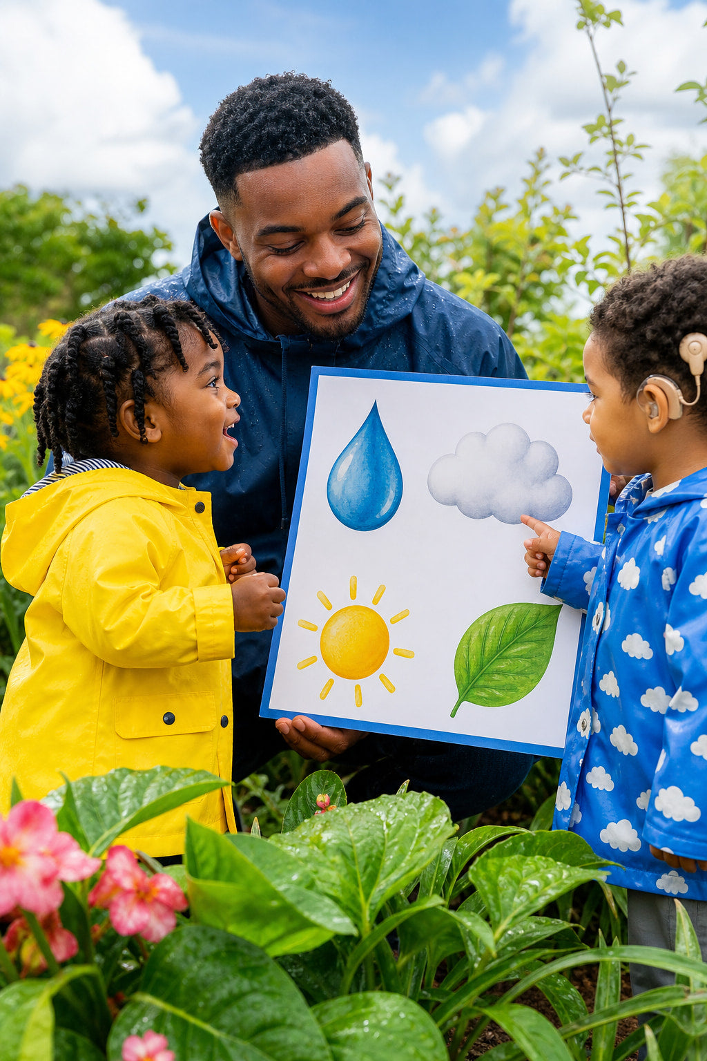 Black father and two children, including a child with a cochlear implant, noticing rain, clouds, sunlight, and leaves in a bright garden